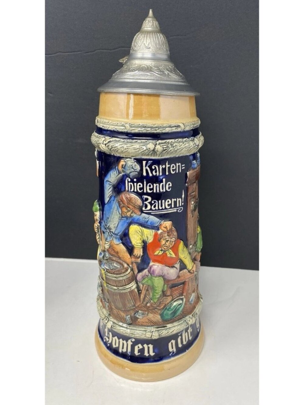 Vintage Gerz German Ceramic Beer Stein Card Playing Peasants Pewter Lid 13” READ